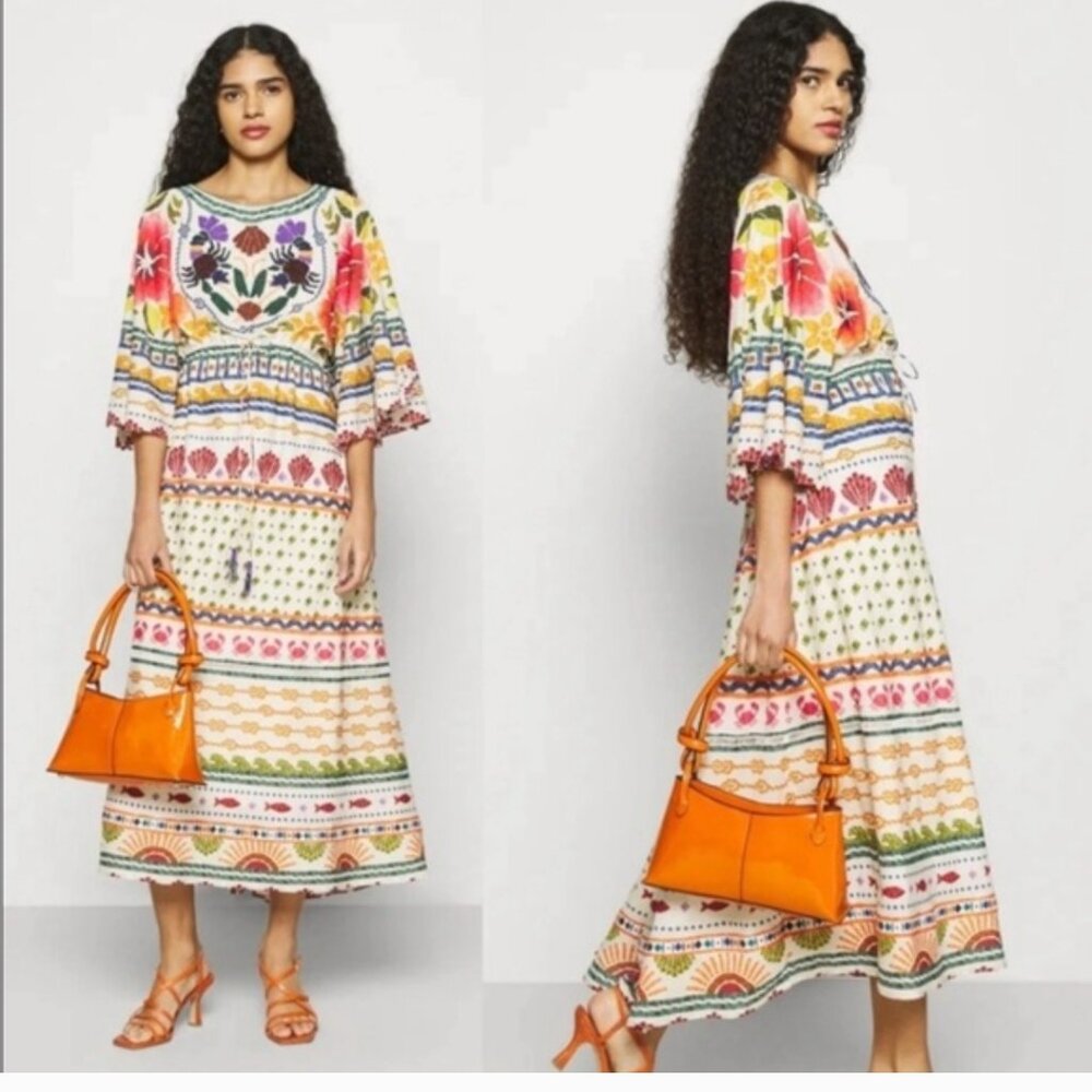 FARM Rio Cream Midi Dress with Multicolor Floral Embroidery - Picture 2 of 16